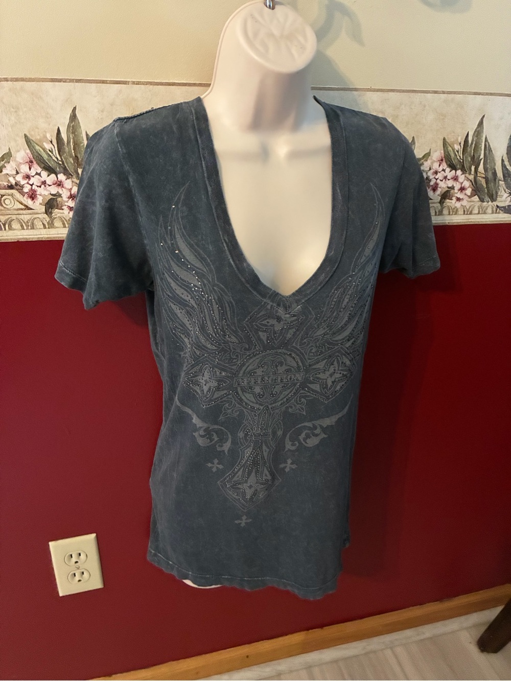 Affliction Women's Deep V Graphic Tee - Charcoal Gray
